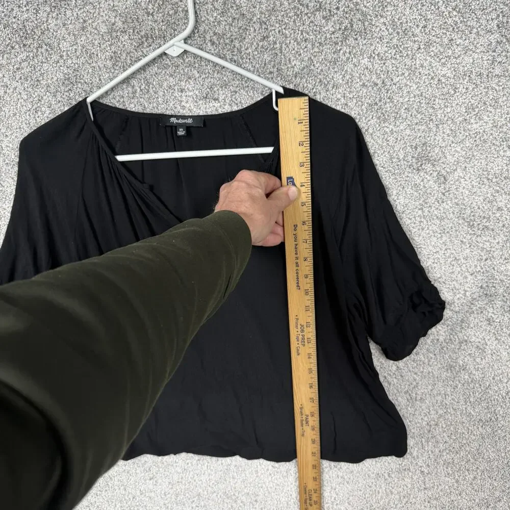Madewell Blouse Womens XS Black V-Neck Puff Sleeve Ruffle Boho Chic Romantic
